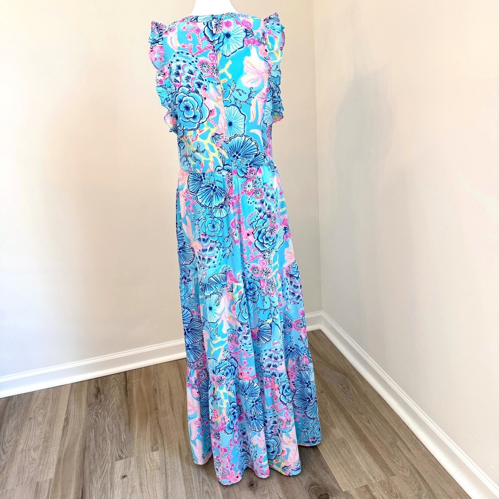 Lilly Pulitzer Floral Maxi Dress Women Size 8 Blue Pink Ruffle Tiered Resort - Picture 6 of 9